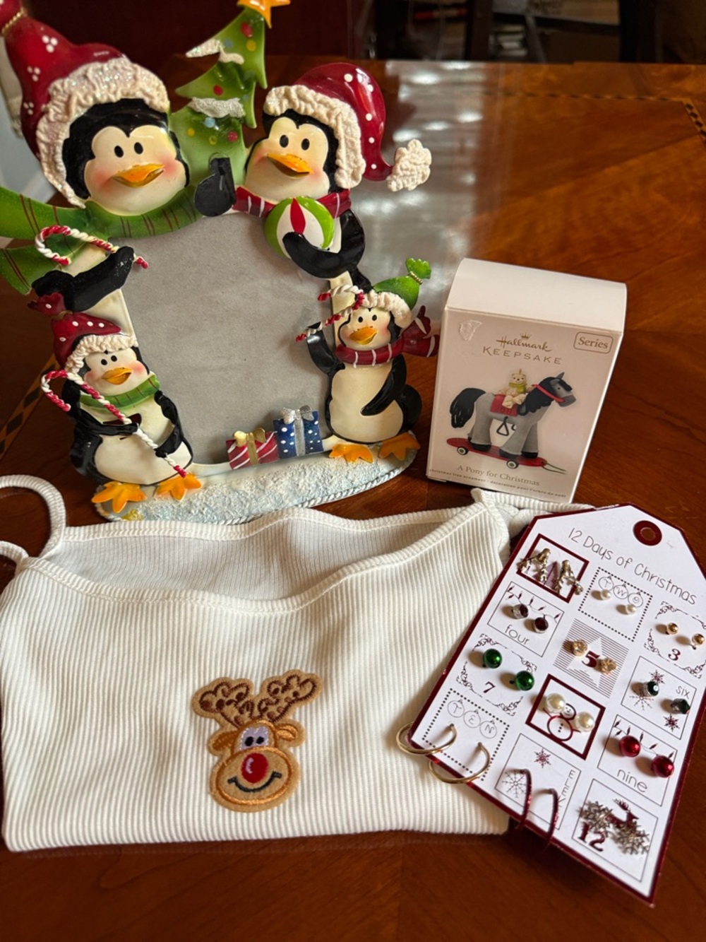 Holiday Bundle: Penguin 4x6 Frame, Hallmark Ornament, Tank top and Earrings